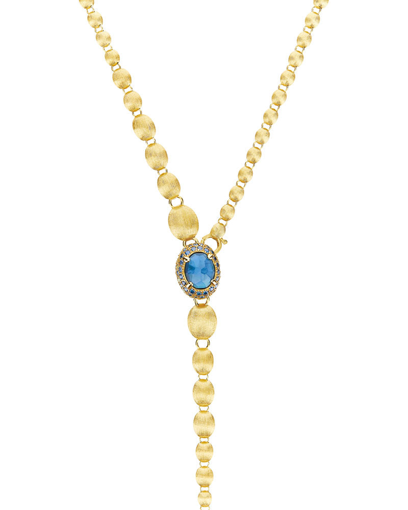 "reverse" gold, blue diamonds, swiss blue topaz, green sapphires and london blue topaz convertible y necklace (small)