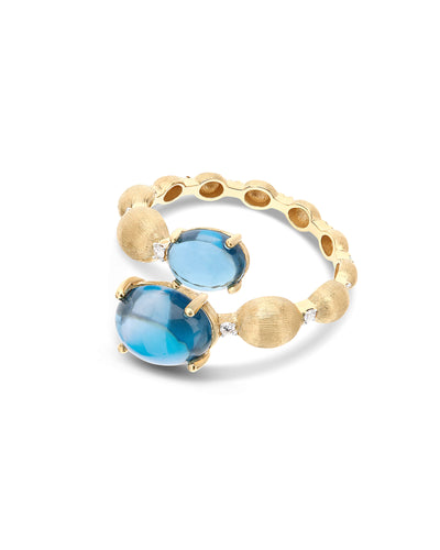 Anello contrariè "DANCING AZURE" con boules in oro, diamanti e topazio London blu (grande)
