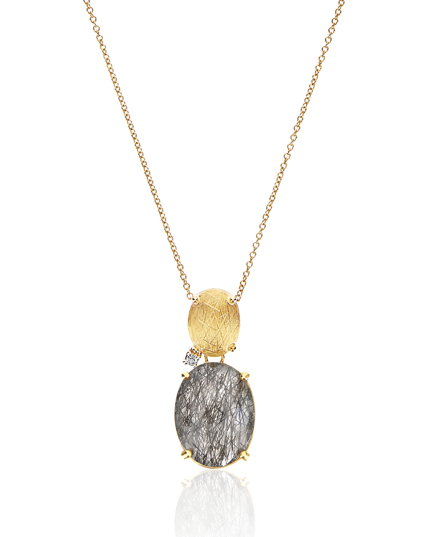 Collana "IPANEMA" con boule pendente in oro, quarzo rutilato grigio e dettaglio di diamanti