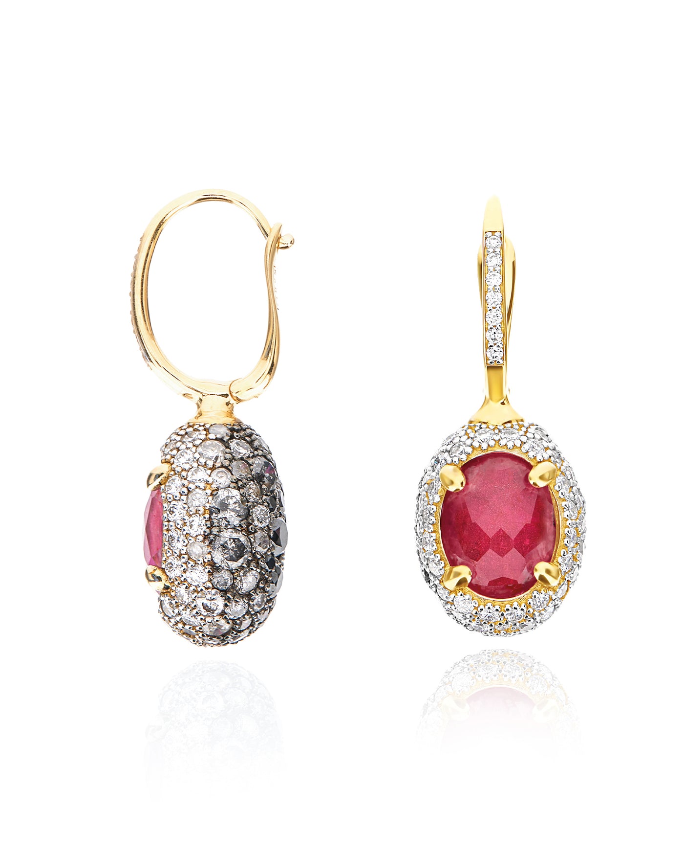 Orecchini CILIEGINE "DANCING REVERSE" double face in oro, rubini, diamanti e cristallo di rocca (medi)