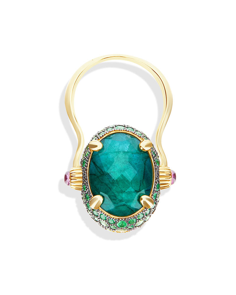 Anello "DANCING REVERSE" double face in oro, diamanti, tsavorite, ametista, labradorite verde e cristallo di rocca (grande)