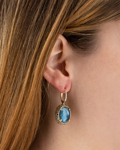 "reverse" ciliegine gold, blue diamonds, swiss blue topaz, green sapphires and london blue topaz double-face ball drop earrings (large)