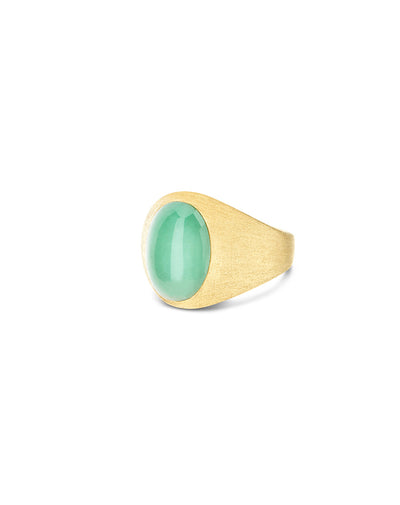Anello chevalier "Muse" Lattementa in oro inciso, giadeite e cristallo di rocca (piccolo)