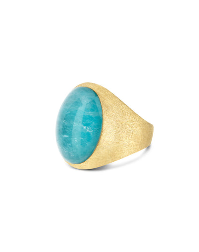 Anello chevalier "Muse" Anice in oro inciso, amazzonite e cristallo di rocca (grande)
