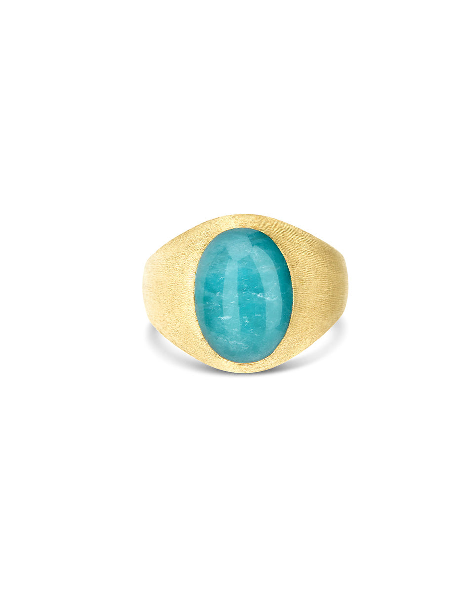 Anello chevalier "Muse" Anice in oro inciso, amazzonite e cristallo di rocca (piccolo)
