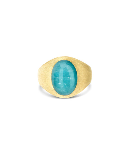 Anello chevalier "Muse" Anice in oro inciso, amazzonite e cristallo di rocca (piccolo)