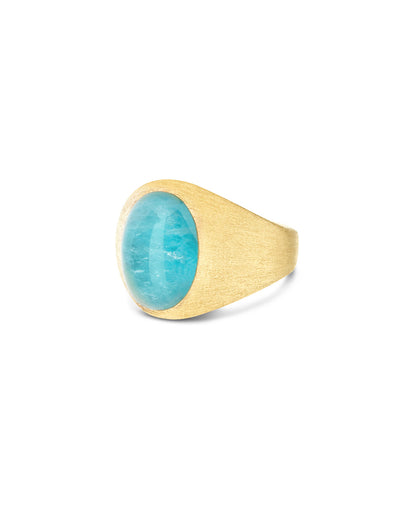 Anello chevalier "Muse" Anice in oro inciso, amazzonite e cristallo di rocca (piccolo)