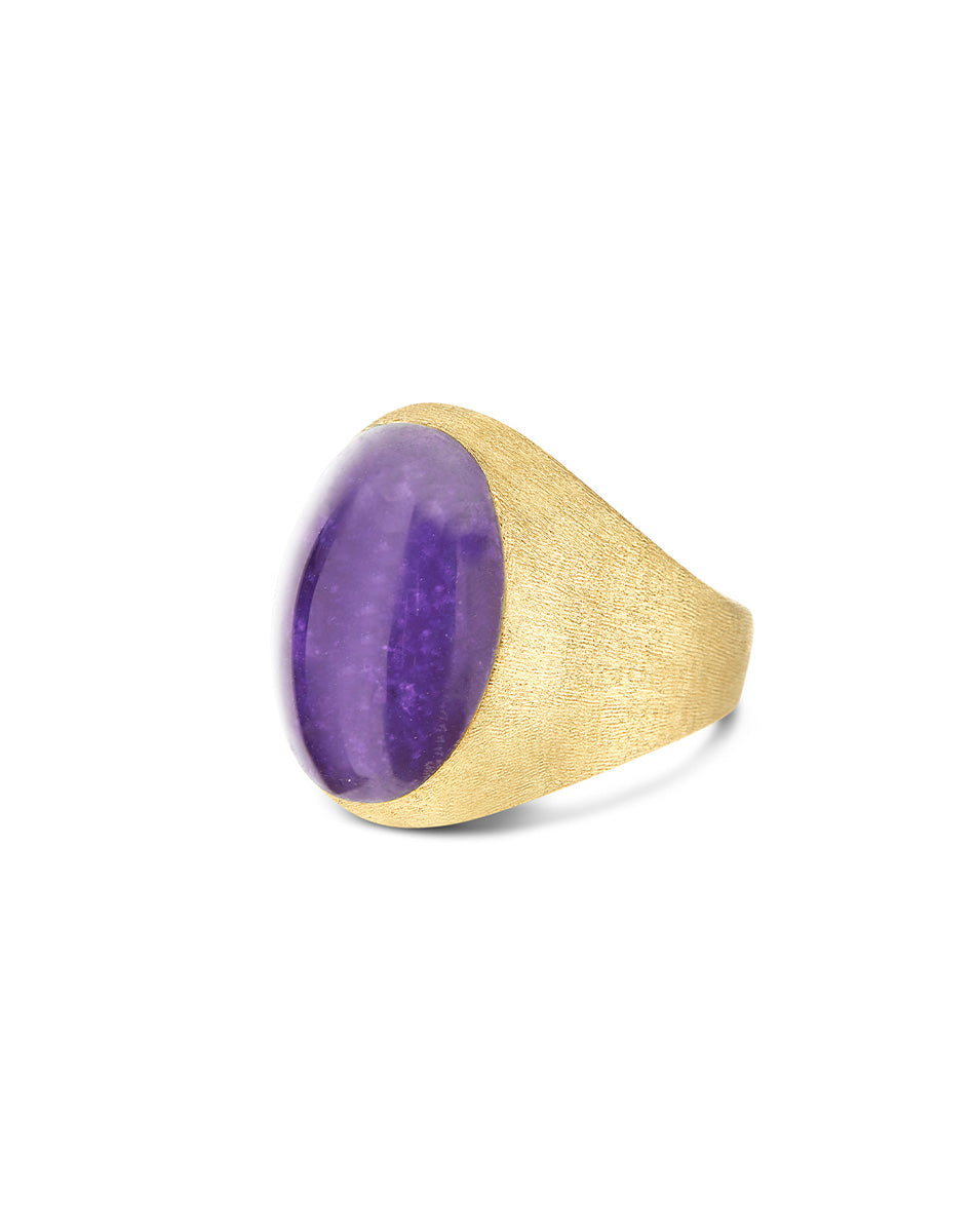 Anello chevalier "Muse" Violetta in oro inciso, lepidolite e madreperla (grande)