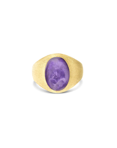 Anello chevalier "Muse" Violetta in oro inciso, lepidolite e madreperla (piccolo)