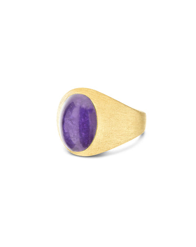 Anello chevalier "Muse" Violetta in oro inciso, lepidolite e madreperla (piccolo)