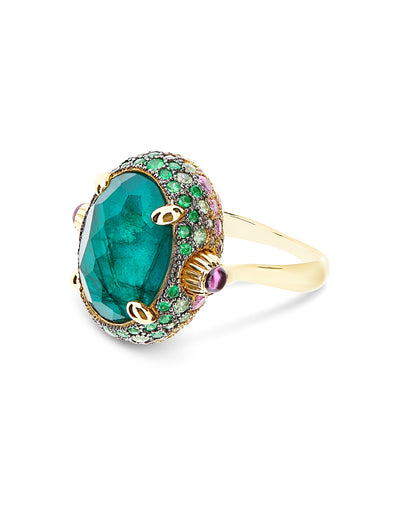 "reverse" gold, sapphire, tsavorite, amethyst, green labradorite and rock crystal double face ring (large) 