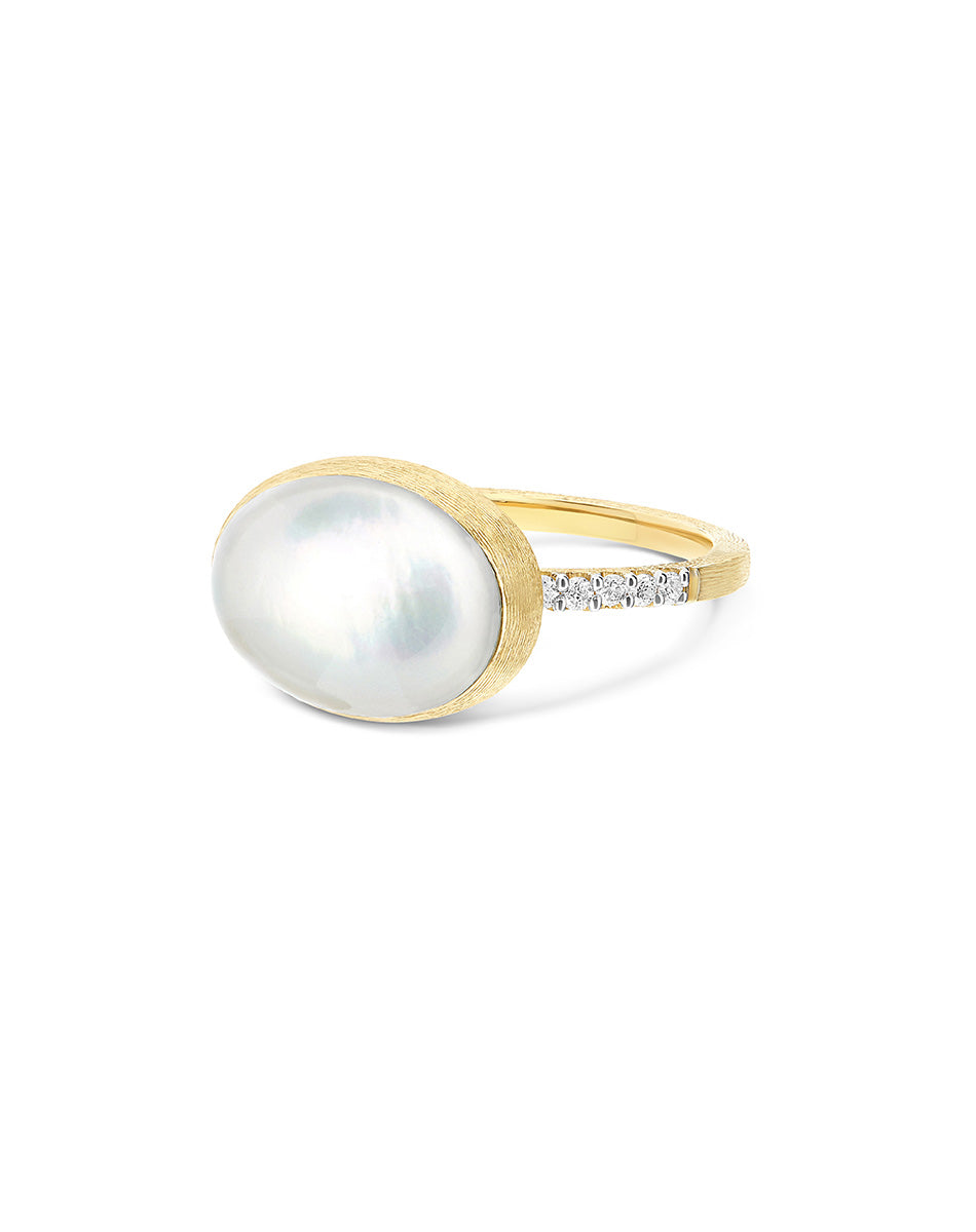 Dolcevita “Boules” ring in engraved gold, diamonds, mother-of-pearl and rock crystal (medium)