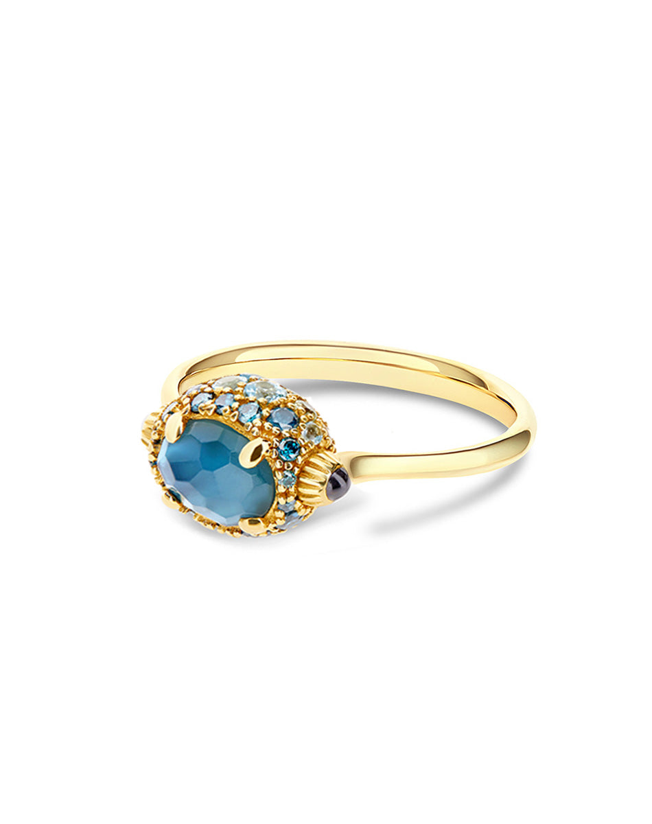 "reverse" gold, blue diamonds, swiss blue topaz, green sapphires and london blue topaz double-face ring (small) 