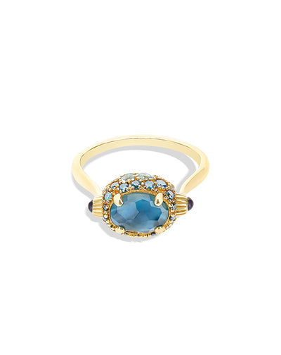 "reverse" gold, blue diamonds, swiss blue topaz, green sapphires and london blue topaz double-face ring (small) 