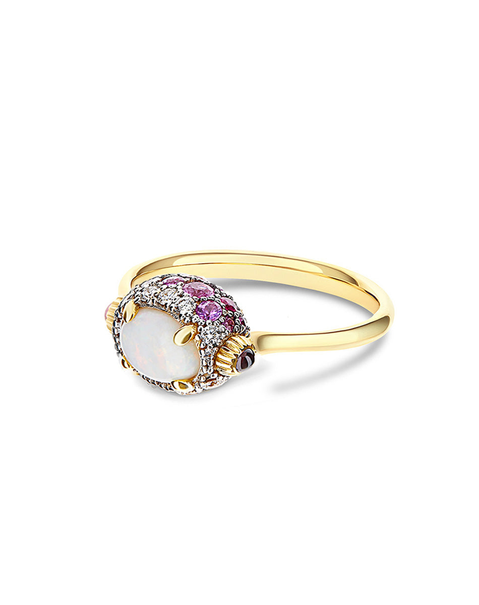 "reverse" gold, pink sapphires, rubies, white australian opal and diamonds double-face ring (small) 