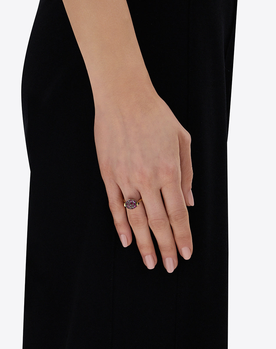 "reverse" gold, pink sapphires, rubies, white australian opal and diamonds double-face ring (small) 