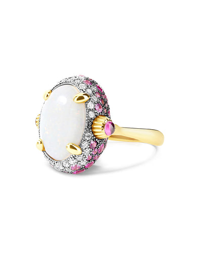 "reverse" gold, pink sapphires, rubies, white australian opal and diamonds double-face ring (large) 