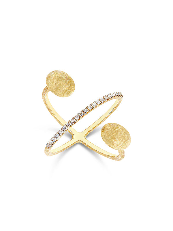 "Élite" hand-engraved gold boules and diamonds criss cross ring (large)