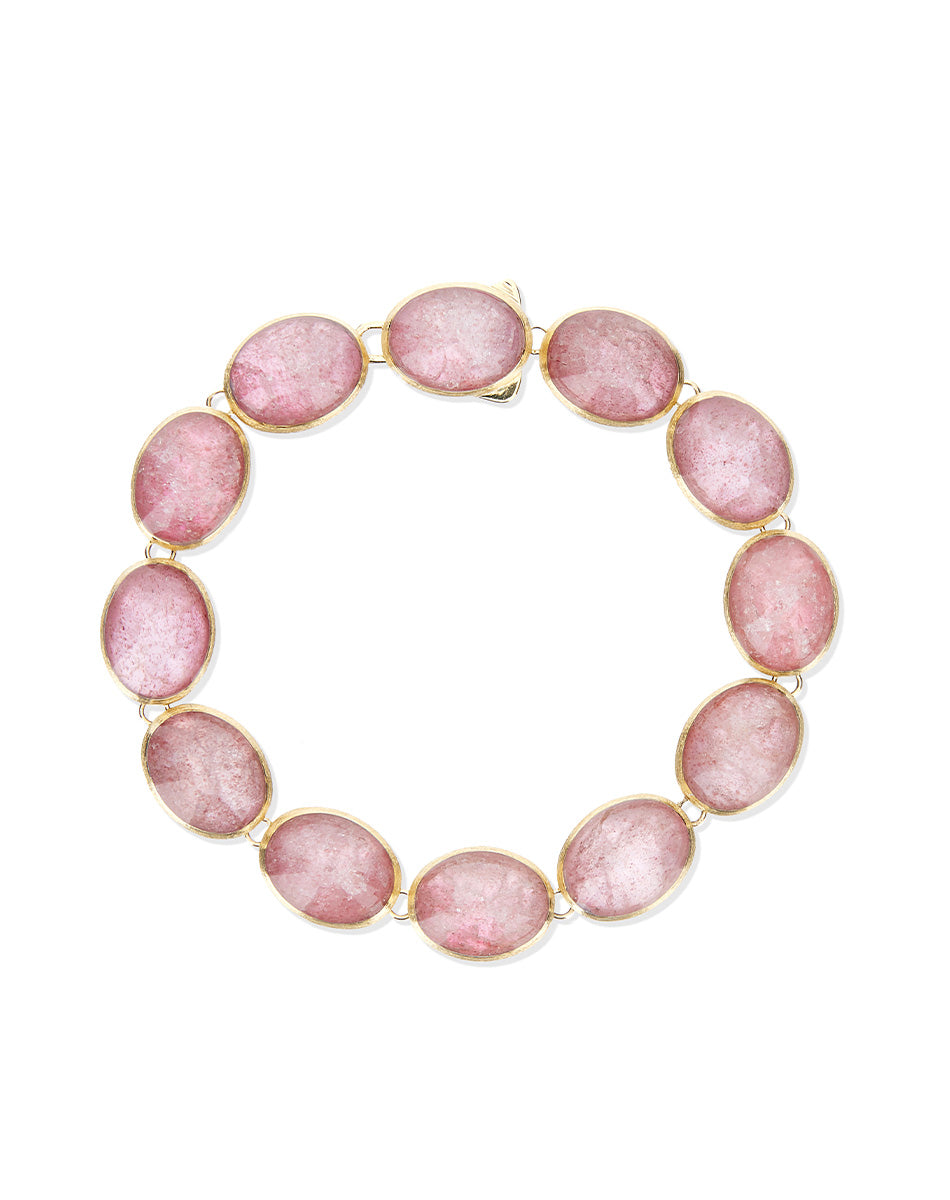 Rosolio “Muse” double-sided beaded bracelet in engraved gold, strawberry quartz and rock crystal (small)
