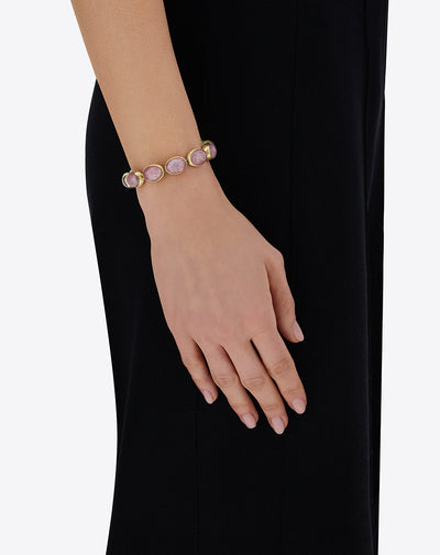 Rosolio “Muse” double-sided beaded bracelet in engraved gold, strawberry quartz and rock crystal (small)