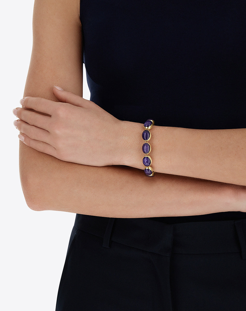 Violetta “Muse” double-sided beaded bracelet in engraved gold, lepidolite and mother-of-pearl (small)