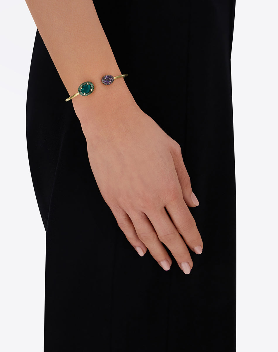 "reverse" gold, sapphire, tzavorite, amethyst, green labradorite and rock crystal bangle 
