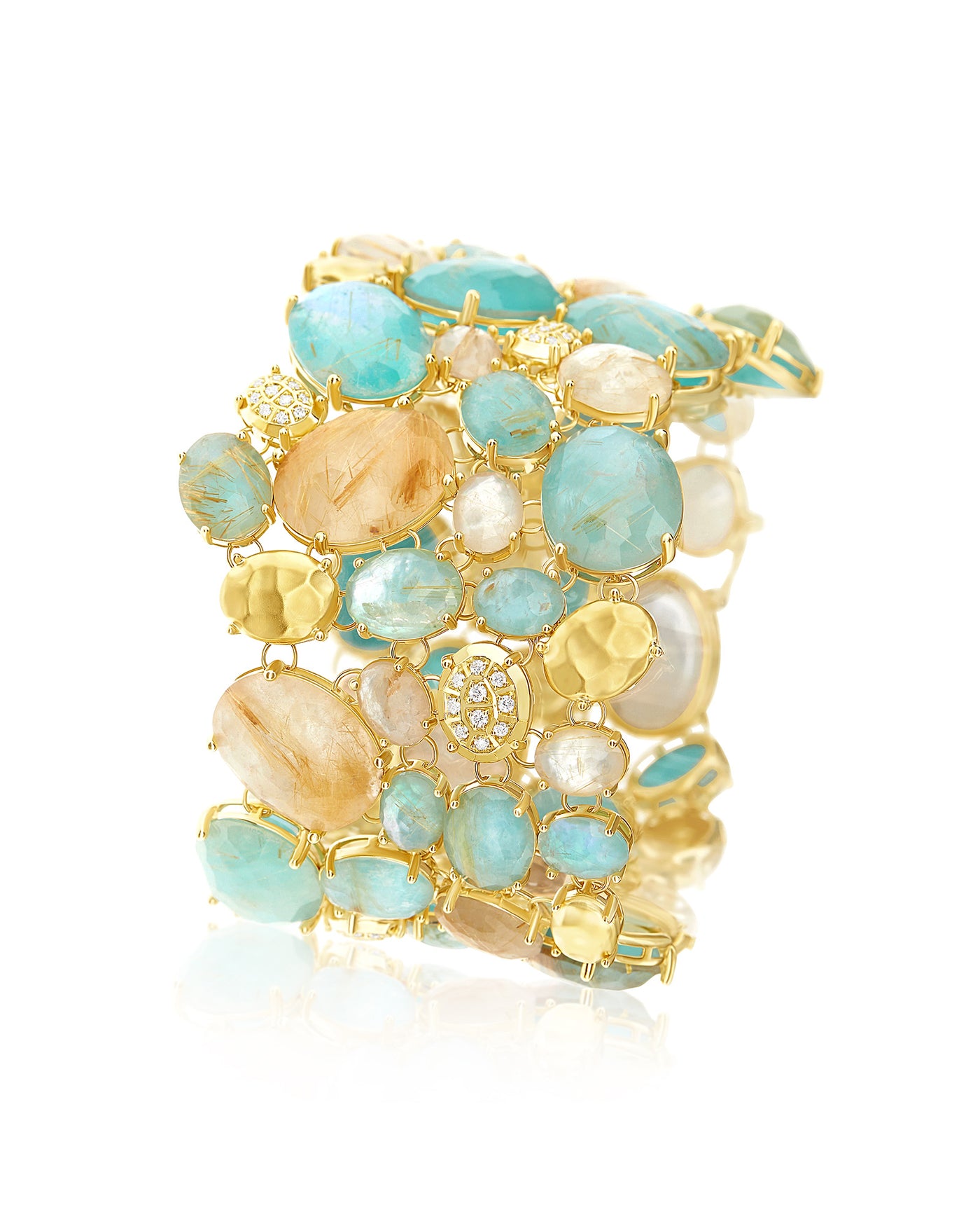 Bandarmband „Ipanema Maré“ aus poliertem Gold, mit Triplette aus Rutilquarz, Perlmutt, Amazonit und Diamanten (groß)