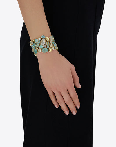 Bandarmband „Ipanema Maré“ aus poliertem Gold, mit Triplette aus Rutilquarz, Perlmutt, Amazonit und Diamanten (groß)