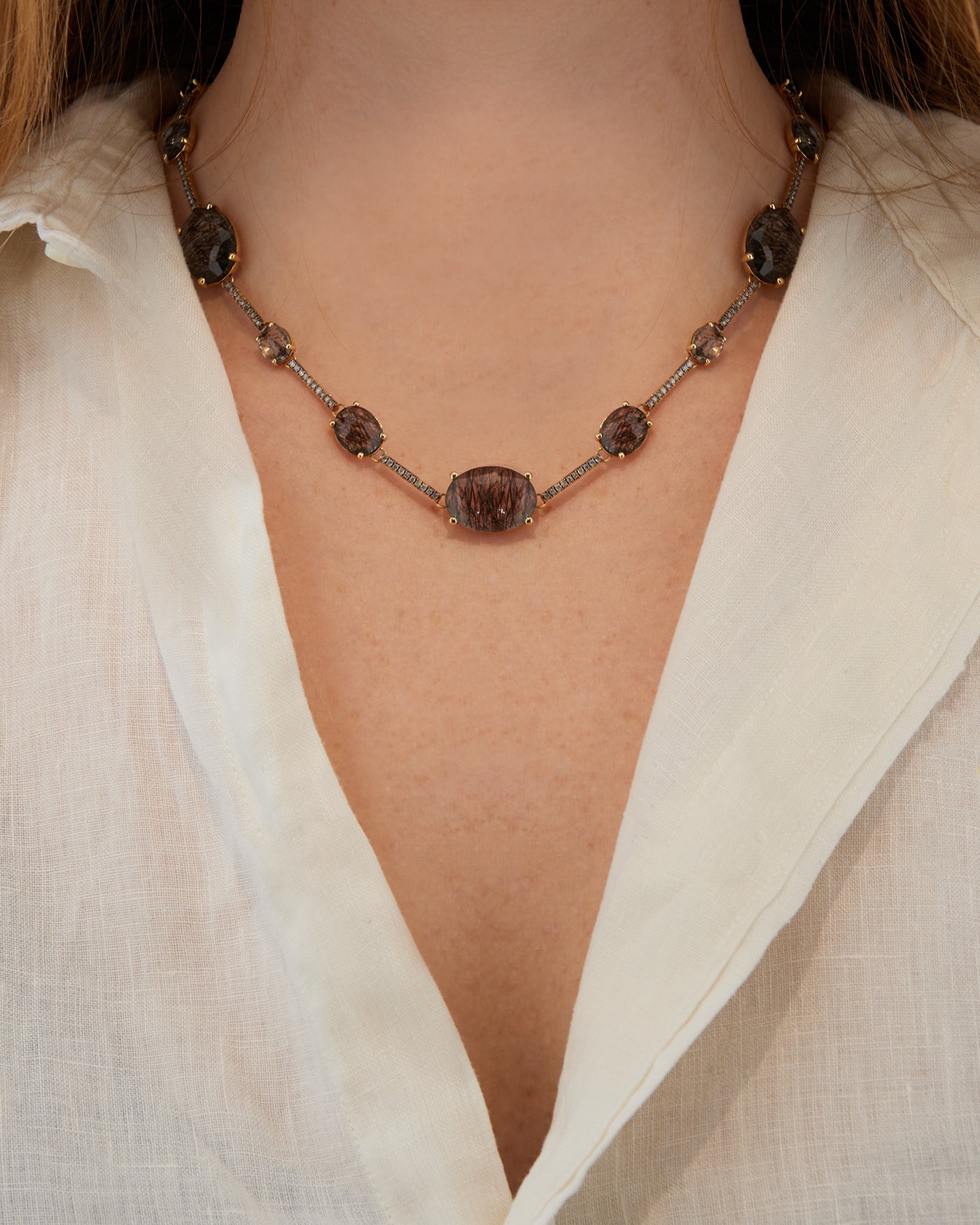 "aria" grey rutilated quartz, diamonds and gold bars collar necklace 