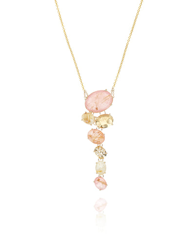 "Ipanema Sol" necklace with tapered pendant in polished gold, and triplet of rutilated quartz, mother-of-pearl and pink jade