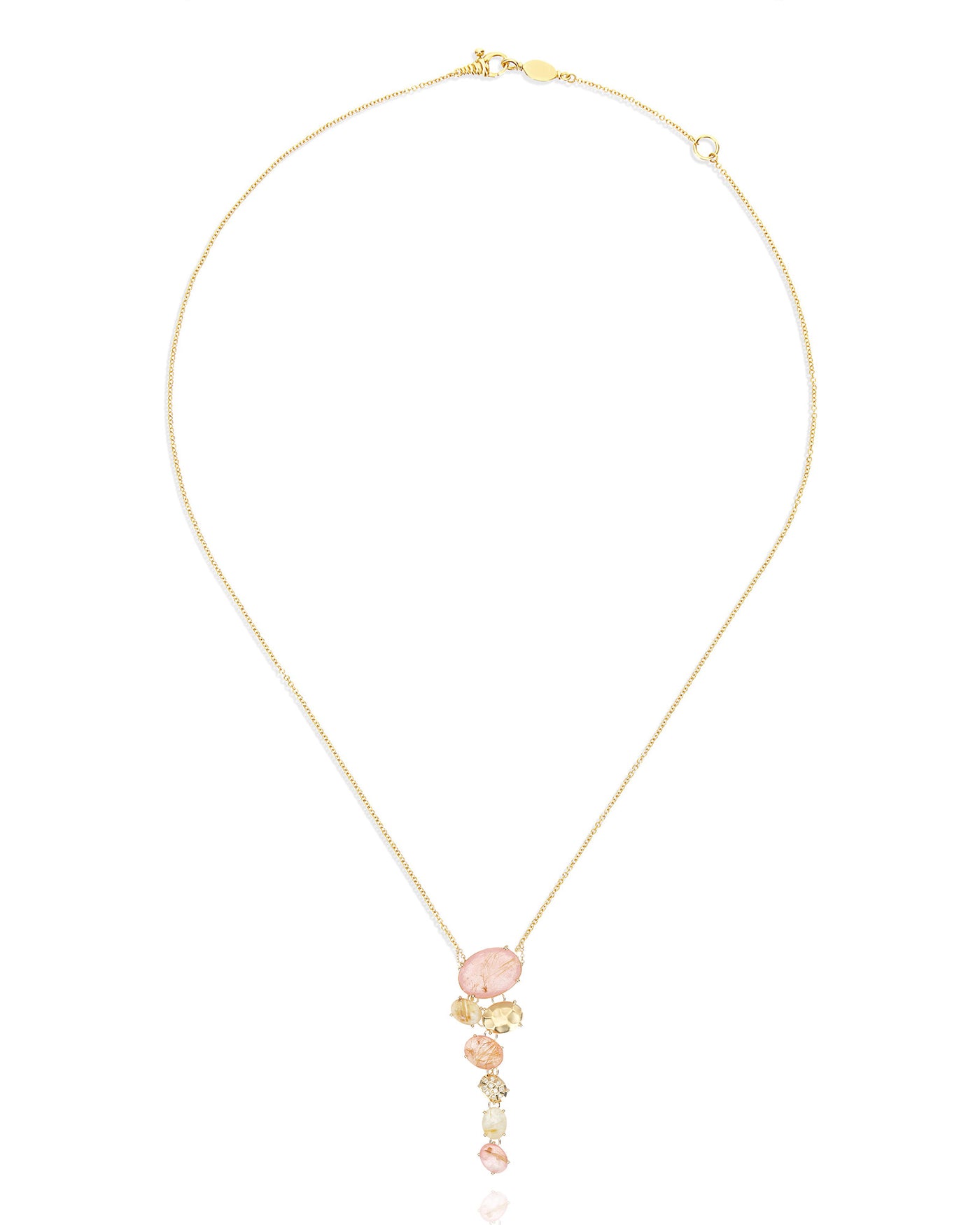 "Ipanema Sol" necklace with tapered pendant in polished gold, and triplet of rutilated quartz, mother-of-pearl and pink jade