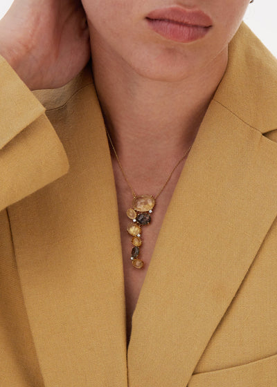 Collana "IPANEMA" pendente con boules in oro, quarzo rutilato grigio, giallo e diamanti