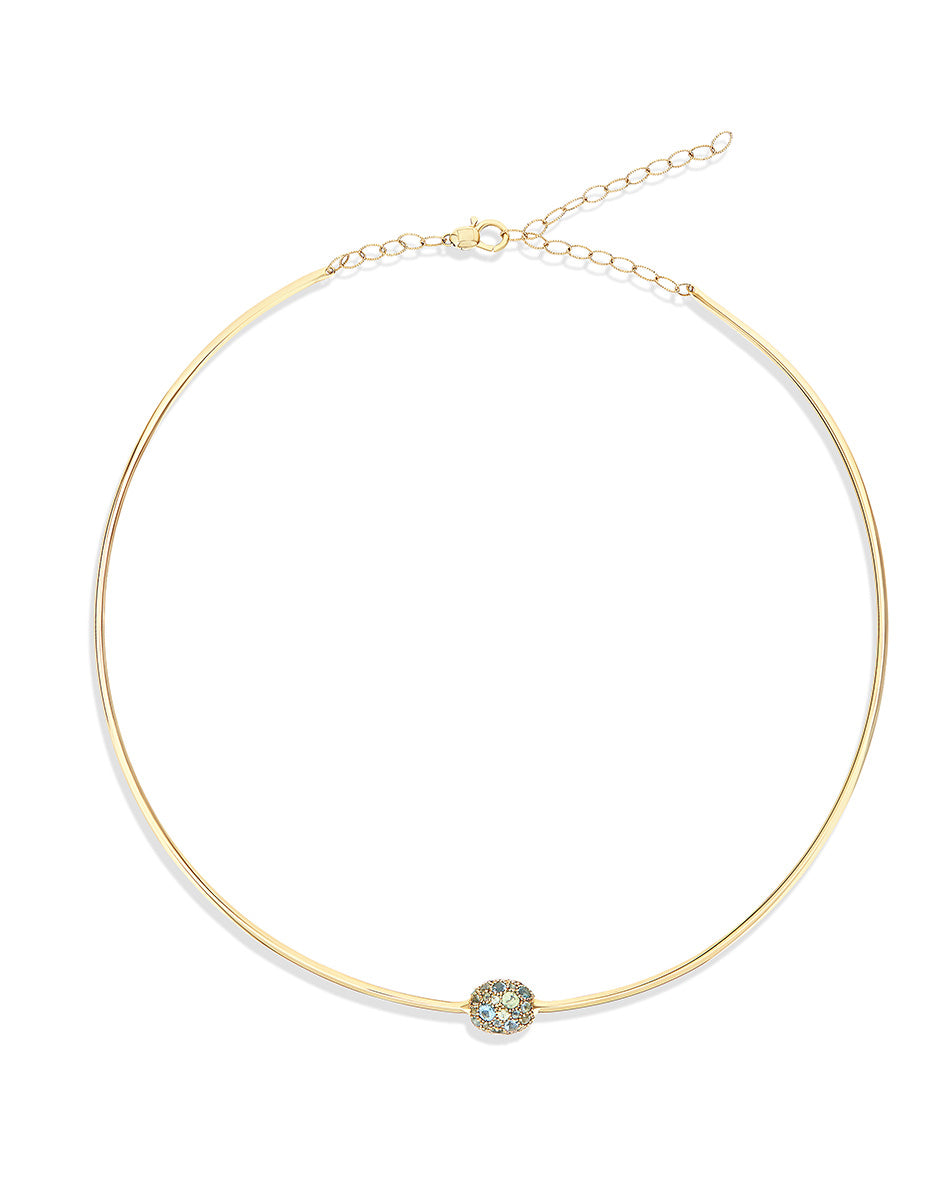 “Reverse Baby” gold choker necklace with blue diamonds, Swiss light blue topaz, green sapphires and London blue topaz