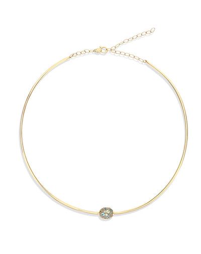 “Reverse Baby” gold choker necklace with blue diamonds, Swiss light blue topaz, green sapphires and London blue topaz