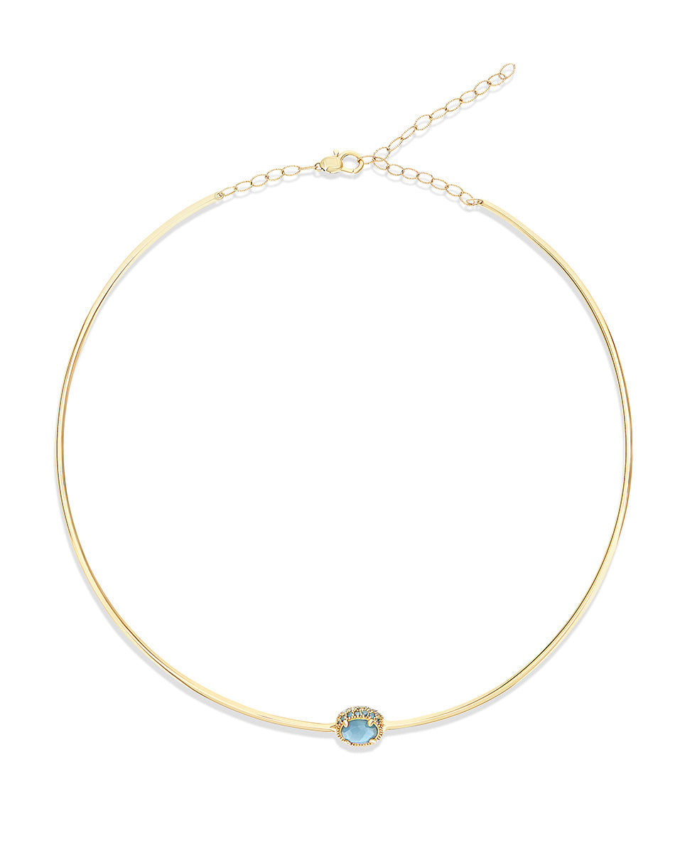 “Reverse Baby” gold choker necklace with blue diamonds, Swiss light blue topaz, green sapphires and London blue topaz