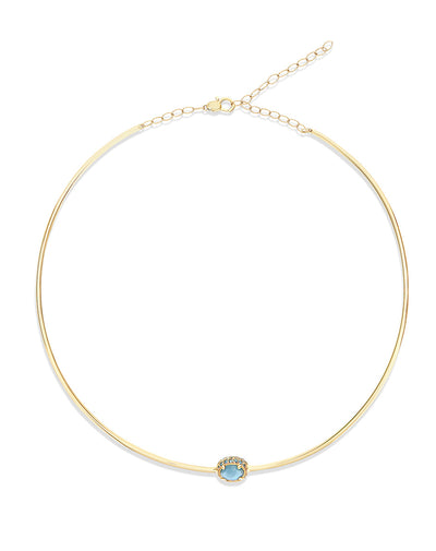 “Reverse Baby” gold choker necklace with blue diamonds, Swiss light blue topaz, green sapphires and London blue topaz