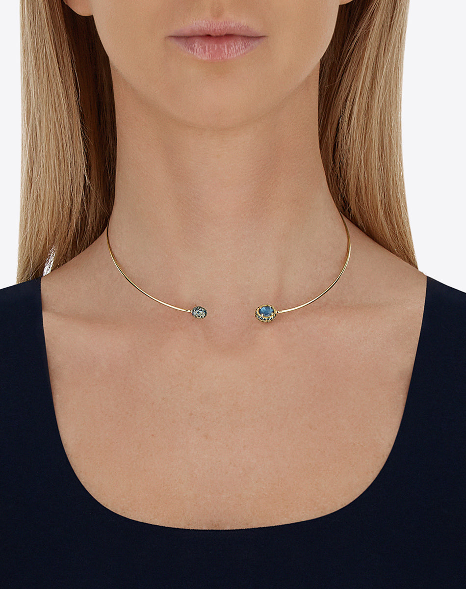 “Reverse Baby” gold choker necklace with blue diamonds, Swiss light blue topaz, green sapphires and London blue topaz