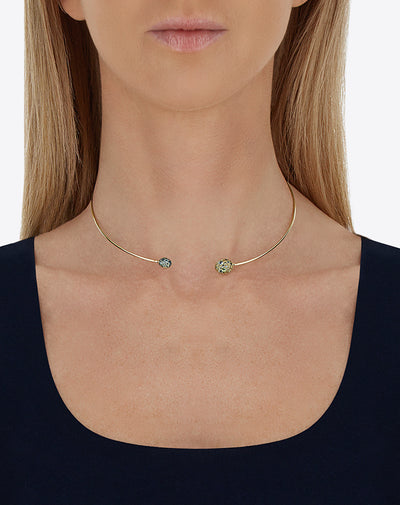 “Reverse Baby” gold choker necklace with blue diamonds, Swiss light blue topaz, green sapphires and London blue topaz