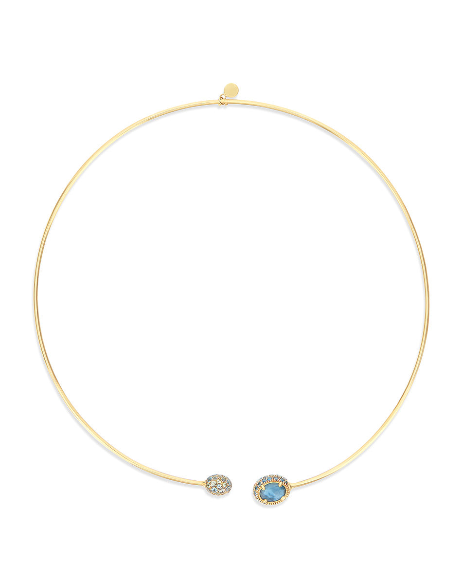“Reverse Baby” gold choker necklace with blue diamonds, Swiss light blue topaz, green sapphires and London blue topaz