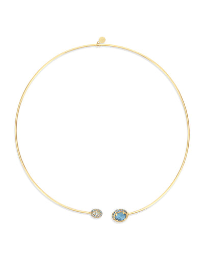 “Reverse Baby” gold choker necklace with blue diamonds, Swiss light blue topaz, green sapphires and London blue topaz