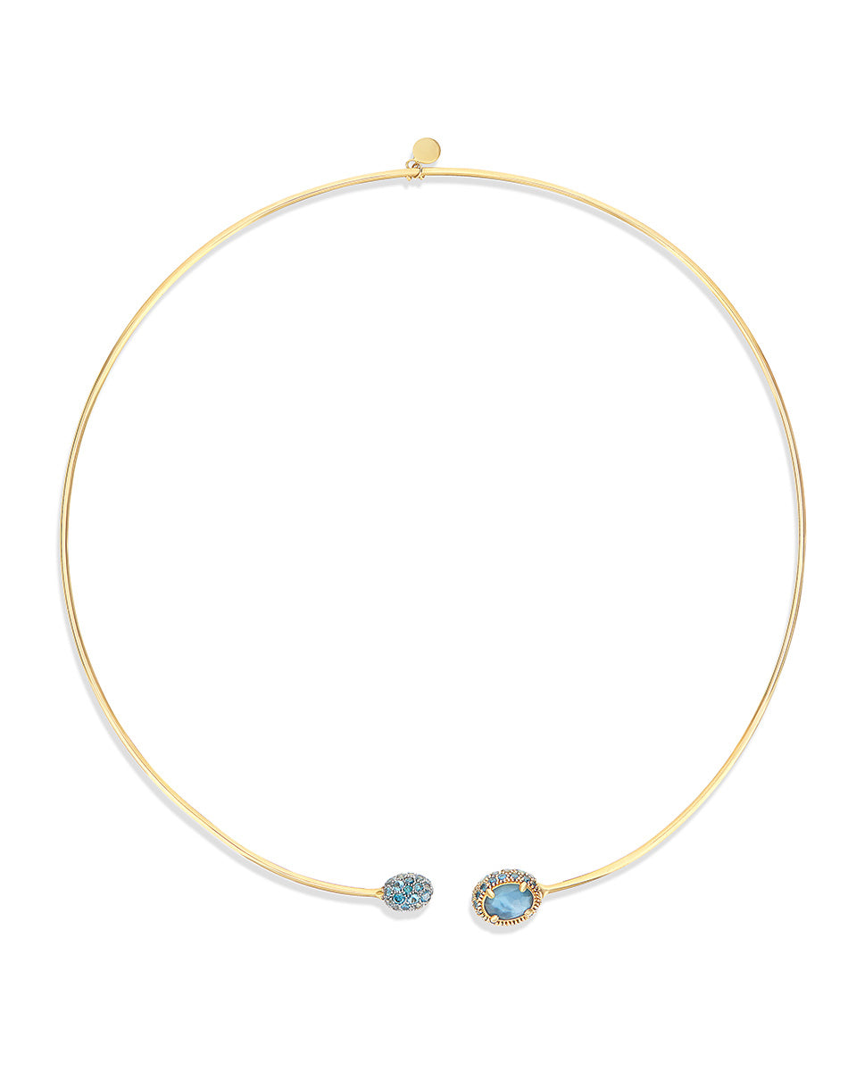 “Reverse Baby” gold choker necklace with blue diamonds, Swiss light blue topaz, green sapphires and London blue topaz