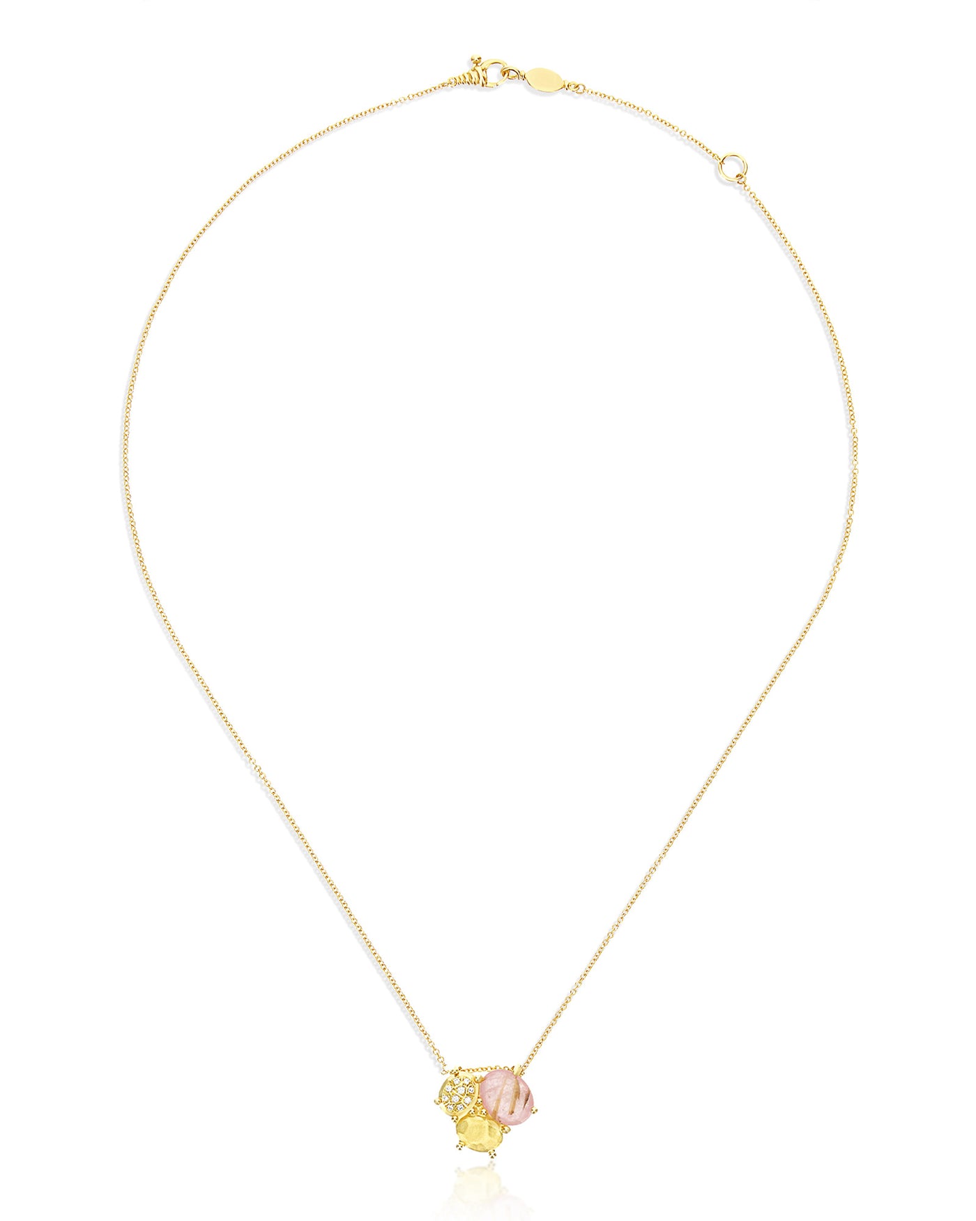 "Ipanema Sol" necklace with trilogy pendant in polished gold, with triplet of rutilated quartz, mother-of-pearl, pink jade and diamonds