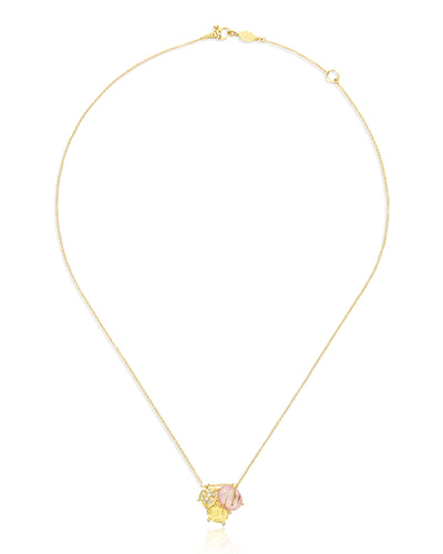 "Ipanema Sol" necklace with trilogy pendant in polished gold, with triplet of rutilated quartz, mother-of-pearl, pink jade and diamonds