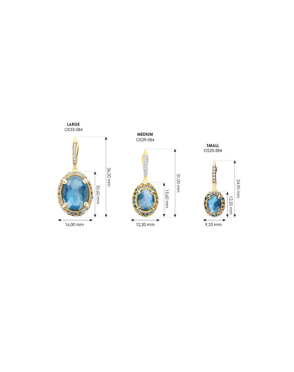 Orecchini CILIEGINE "DANCING REVERSE" double face in oro, diamanti blu, topazio azzurro swiss, zaffiri verdi e topazio London blu (medi)