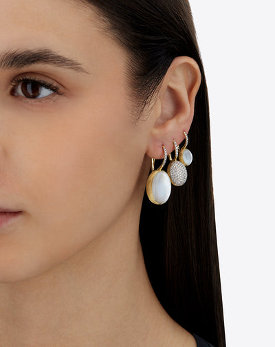 Dolcevita Boules “Ciliegine” earrings in engraved gold, diamonds, mother-of-pearl and rock crystal (large)