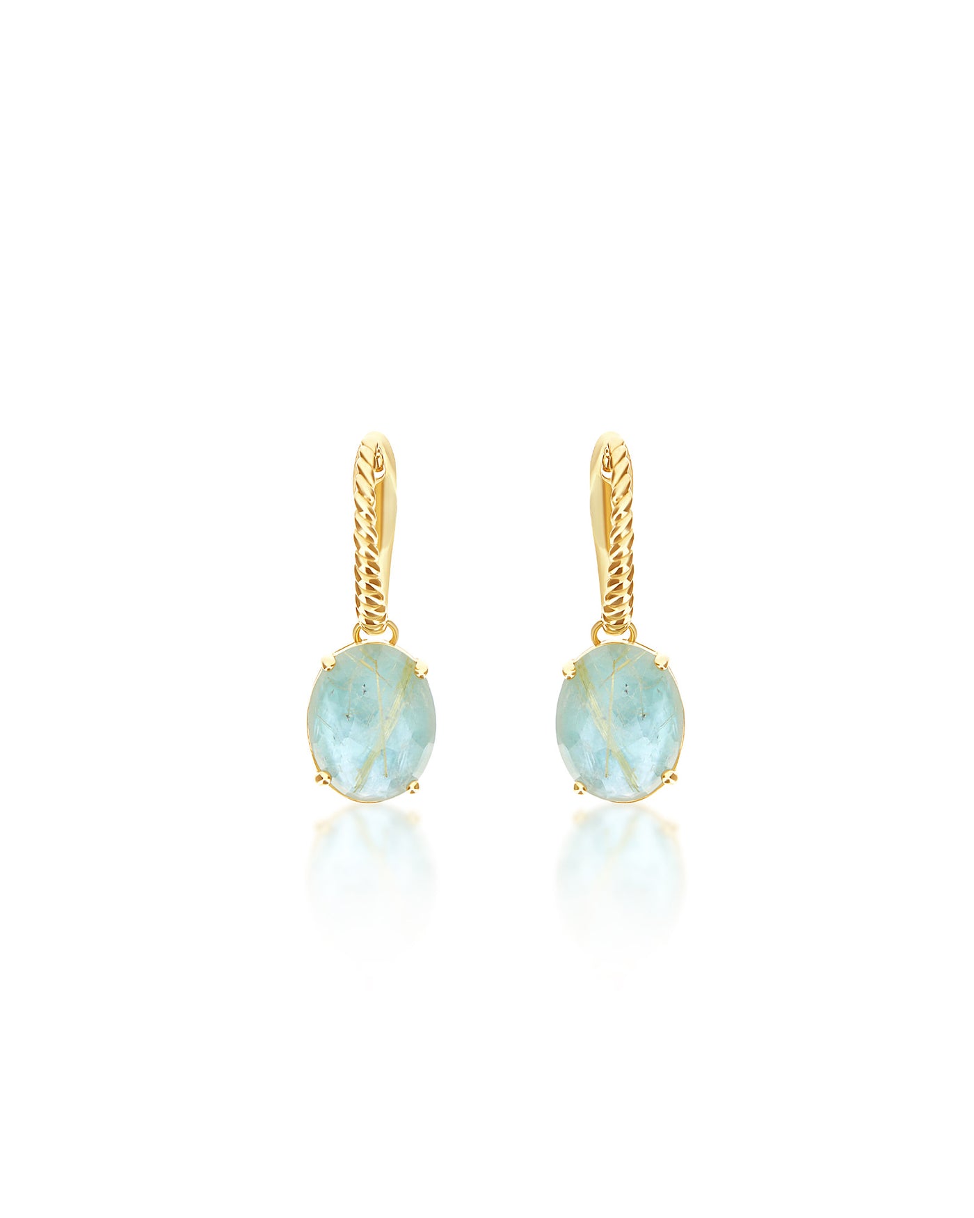 "Ipanema Maré" leverback earrings in polished gold with triplet of rutilated quartz, mother-of-pearl and amazonite
