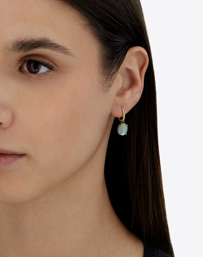 "Ipanema Maré" leverback earrings in polished gold with triplet of rutilated quartz, mother-of-pearl and amazonite
