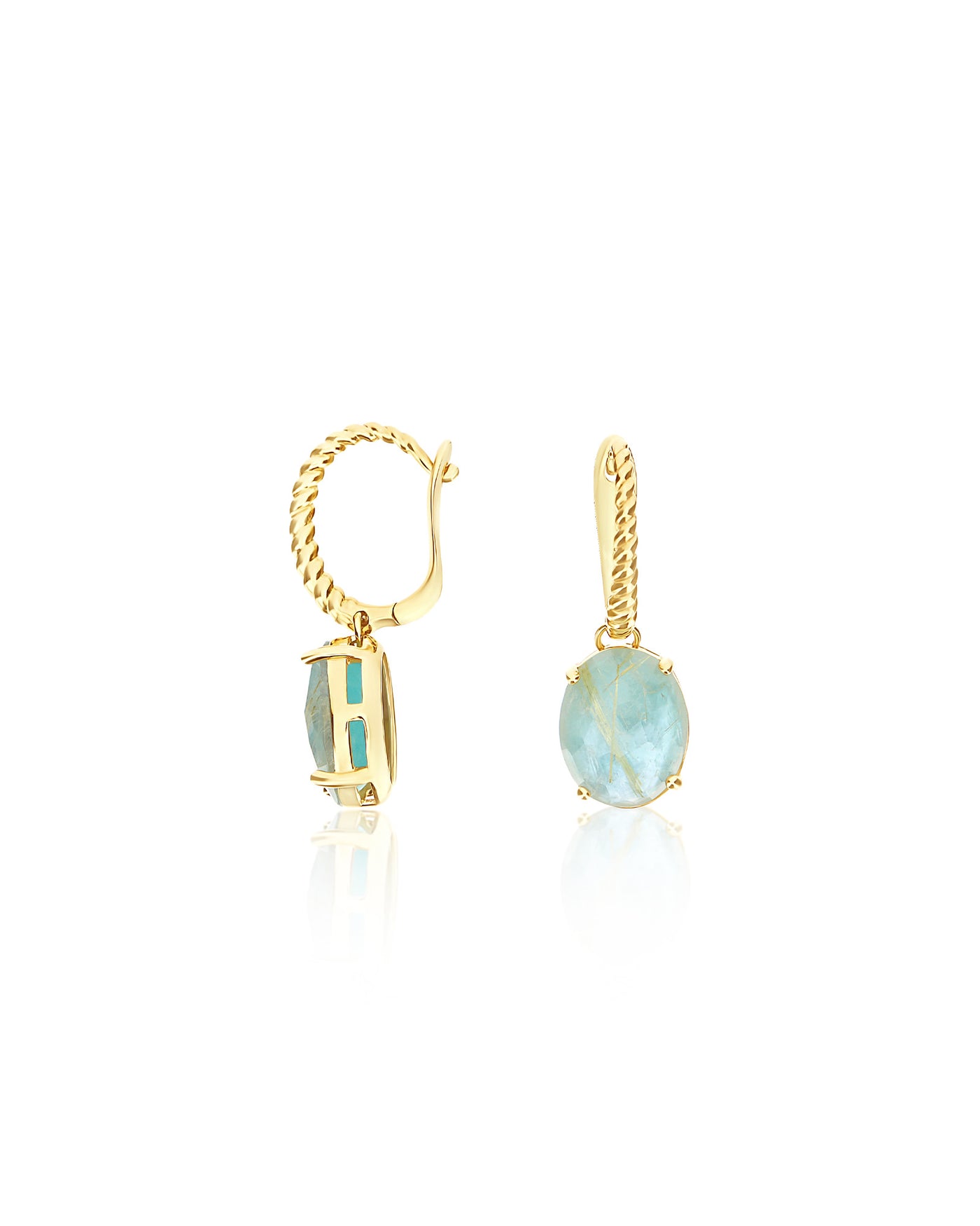 "Ipanema Maré" leverback earrings in polished gold with triplet of rutilated quartz, mother-of-pearl and amazonite