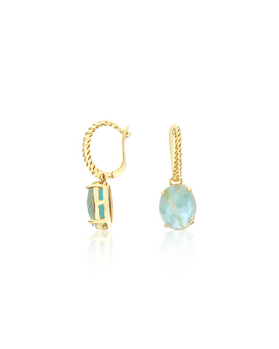 "Ipanema Maré" leverback earrings in polished gold with triplet of rutilated quartz, mother-of-pearl and amazonite