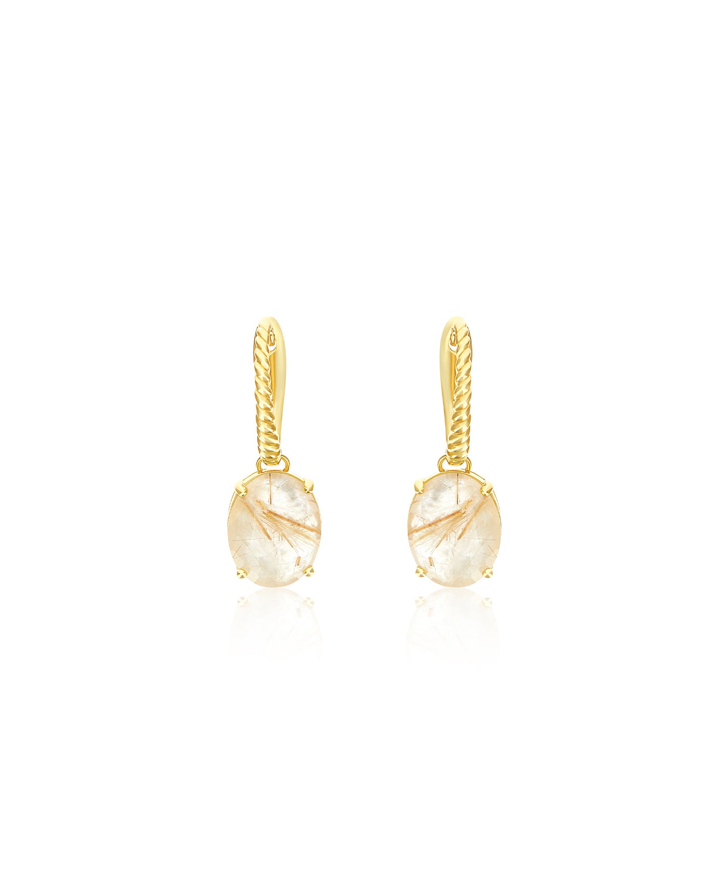 "Ipanema Duna" leverback earrings in polished gold with doublet of rutilated quartz and mother-of-pearl